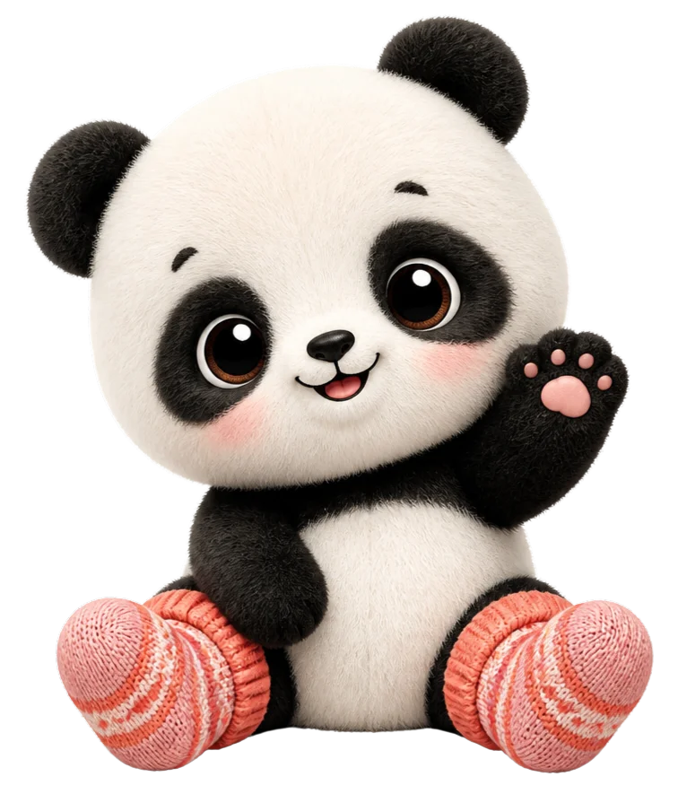 El sallayan, mercan rengi örgü bebek çorabı giymiş sevimli panda