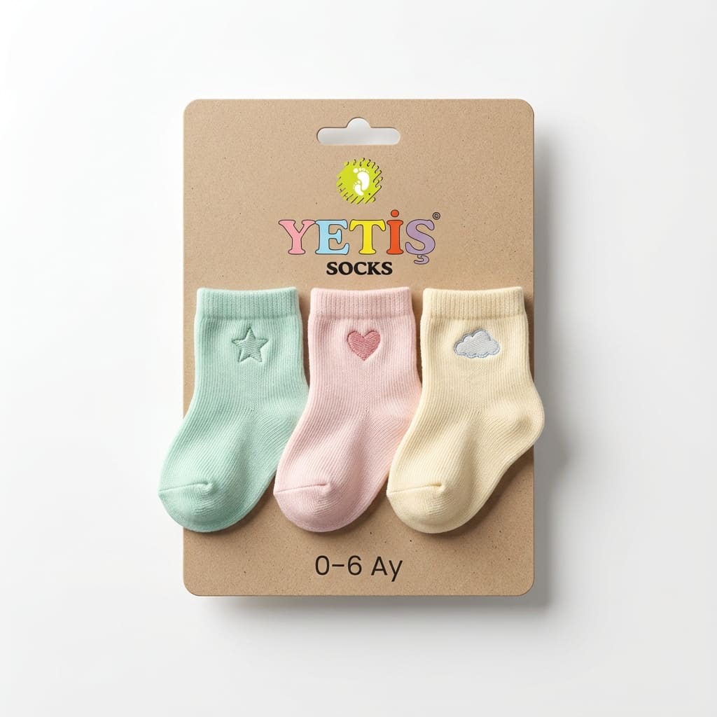 Yetiş Baby nakışlı bebek çorabı 0-6 ay, mint pembe krem üçlü