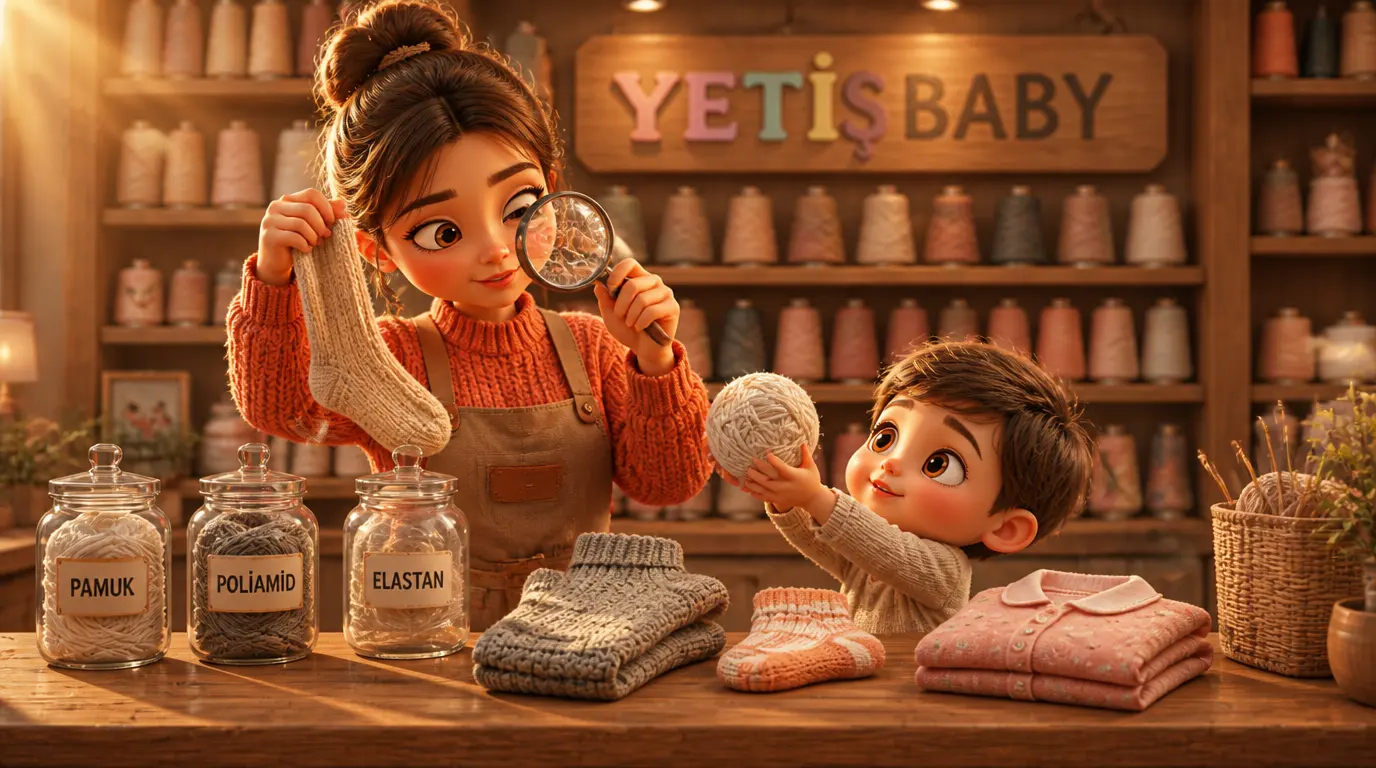 Örgü atölyesinde büyüteçle bir çorabın örgüsünü inceleyen usta. Yanında pamuk yumağı uzatan bir çocuk, tezgâhta pamuk, poliamid ve elastan yazan cam kavanozlar.